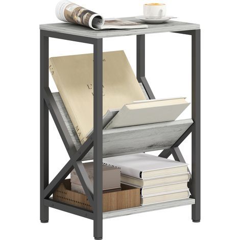 Narrow side table. Three-tier storage end table. V-shaped magazine rack. Steel frame. 40x30x61cm. Dark grey (1/5)