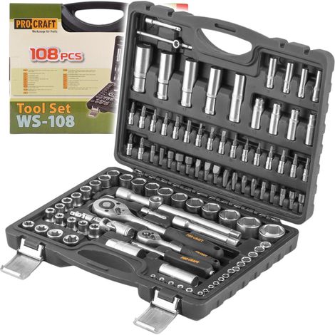 Procraft WS 108/72 Set di chiavi a bussola 108 pezzi 1/4" / 1/2" Cricchetto / Chiavi / Bussole / Inserti + Valigetta
