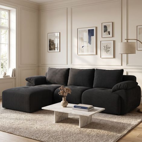 Canapé droit modulable avec pouf, 264x89x71 cm, Mousse haute densité, Sans montage, Velours côtelé, Moderne, Gris foncé (1/5)