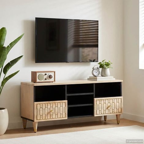 Meuble TV en bois de manguier massif sculpté à la main 100 x 33 x 46 cm, 23.18kg - PANGIVO (1/5)