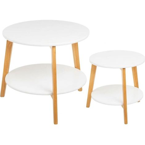Set 2 Tavolini da Salotto Moderni Bianco Legno Pino MDF Design 53x53x45cm (1/5)