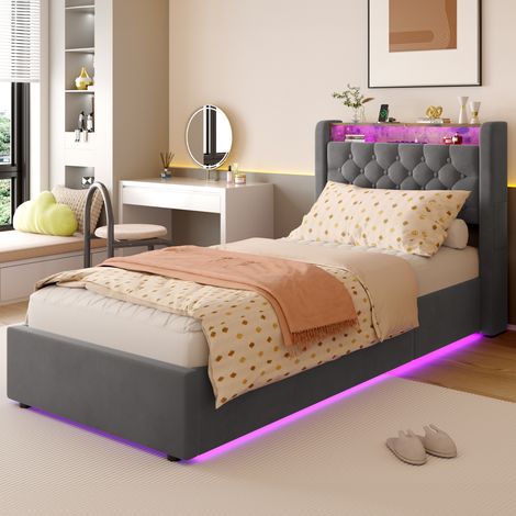Cama tapizada 90x190 cm, Terciopelo Holland, Almacenamiento hidráulico, LED y puertos USB, Estante en cabecero, Gris (1/5)
