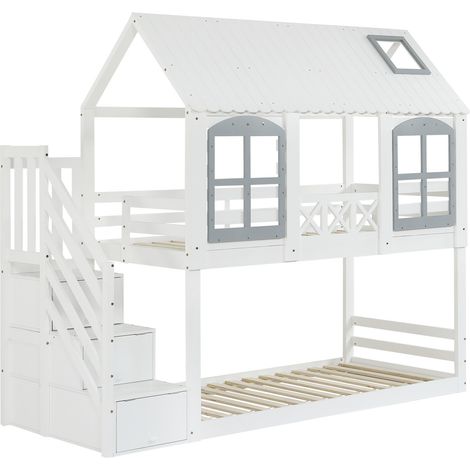Cama alta infantil 90x200 cm con techo, ventana y escalera de almacenaje Blanco Gris (1/5)