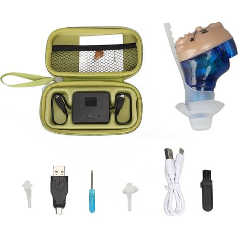 Casque amplificateur sonore rechargeable pour seniors, ajustement confortable, réduction de bruit, transmission stable, couleur bleu, oreille gauche, modèle Sound Aid. (1/5)