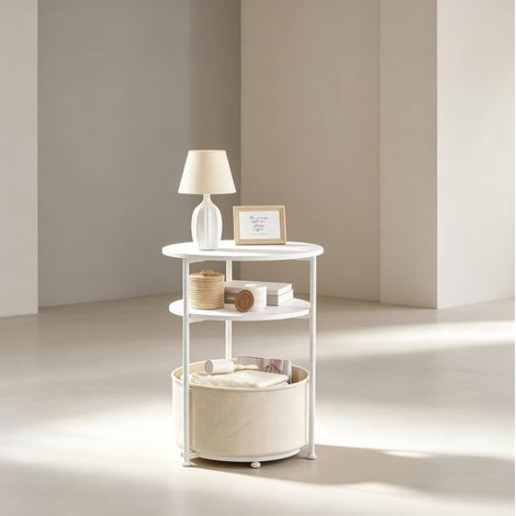 Table d’appoint ronde 43x43x56 cm métal et tissu blanc rangement intégré gain de place – MEUBLIV (1/5)