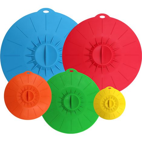 Juego de 5 tapas de silicona, a prueba de salpicaduras, resistentes al calor, reutilizables, para microondas, refrigerador y vajilla. (1/5)