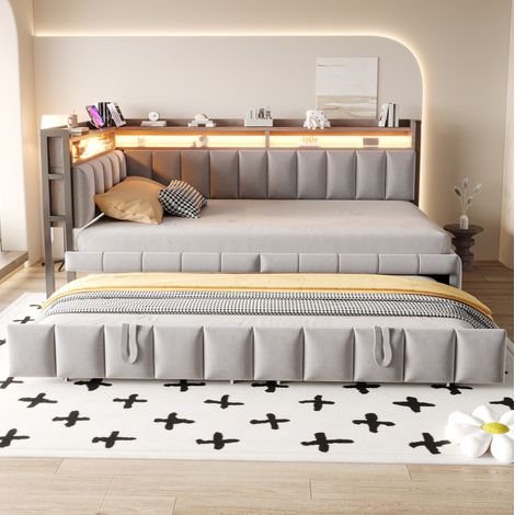 Sofá cama 90x200 cm de terciopelo gris claro, LED y USB-C, ahorra espacio, sin colchón – MEUBLIV (1/5)