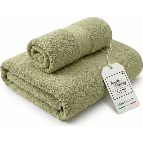 Coppia Asciugamani Viso e Ospite Oliva - Spugna 100% Cotone 450 g/m² Made in Italy