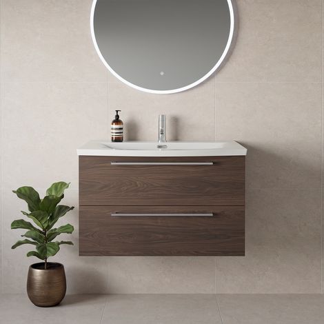 Napoli 390 Brown Oak 800mm Wall Mounted 2 Drawer Vanity Unit with Arc Basin - 800mm - Chrome 480mm Handle