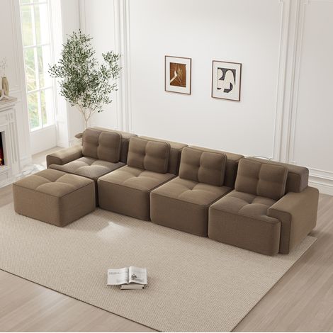 REDOM - Divano modulare 4 posti, comfort nuvola, seduta bassa, tessuto corduroy, marrone (1/5)