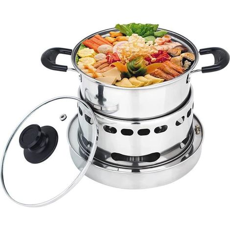 Réchaud à alcool JeiibrZui (intérieur et extérieur) - 18 cm - Kit individuel avec casserole - Acier inoxydable - Réchaud à alcool portable pour le camping, les pique-niques et la maison (1/5)