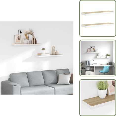 Schweberegale 2 Stk. Eiche und Weiß 90x23,5x3,8 cm MDF - Schwebendes Regal - Wandregal - Eichenholz Möbel - Weiße Möbel - Wohnwandgestaltung (1/5)