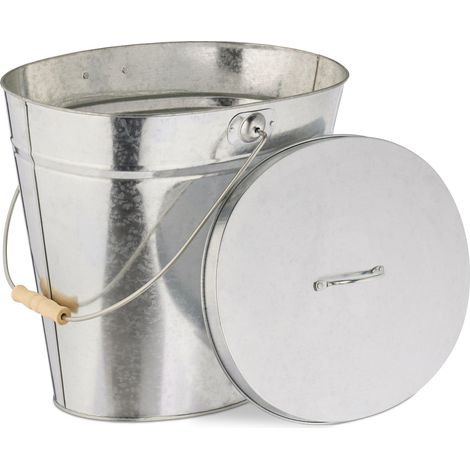 Relaxdays Ash Bucket, with Lid, 12 L, Ash Bin, Wooden Handle, for Coal & Ash, Fireplace, Stove, Galvanised Steel, Silver