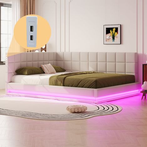 Lit banquette 160x200cm en lin beige, lit multifonction avec LED, port USB et sommier (1/5)