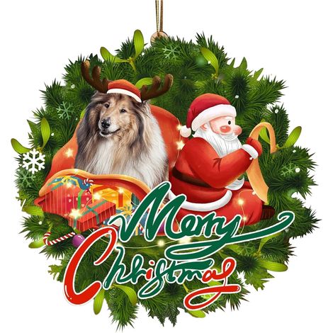 Ornement De Noël - Bois Imprimé Chien Et Père Noël - Décoration Arbre De Noël Porte-clés Ou Fenêtre - 1 Pièce (1/3)