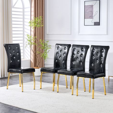 Ensemble de 4 chaises de salle à manger rétro en similicuir avec finition peau d’alligator, boucle en cristal décorative, pieds en métal doré — élégance et mystère pour votre intérieur. (1/5)