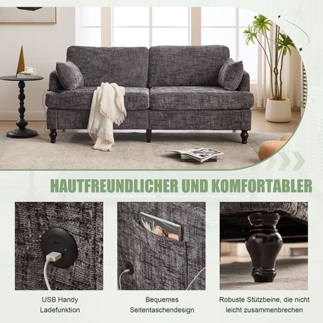 Canapé moderne 2 places en chenille avec pieds en bois, éclairage LED, port de chargement USB et sac de rangement. Convient pour le salon, la chambre ou le bureau. (1/5)