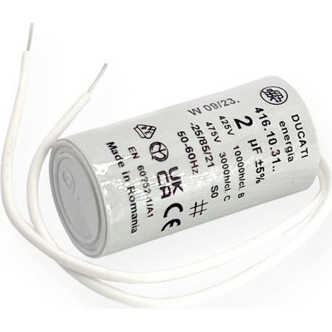 Ducati Energia – Condensateur permanent 2µF à fils – Ø25x49mm – Longueur des fils 150mm – Homologué VDE EN60252-1 – Pour moteurs monophasés 220V