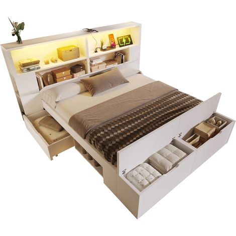 Lit bois 140x200 blanc, rangement, LED, USB, tiroirs, sans matelas (1/5)