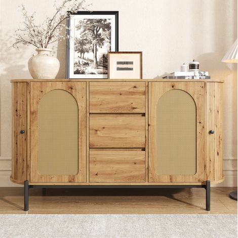 Aparador 140x38x77.5 cm natural en MDF con ratán, puertas correderas, cajones y estantes ajustables (1/5)
