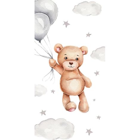 Serviette de plage en coton "Ballons et ourson"- Blanc/Gris - 70 x 140 cm - Livraison gratuite