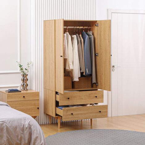 Armoire à vêtements armoire de rangement penderie avec 2 portes. 2 tiroirs et tringle - 80 x 52 x 180 cm - aspect bois