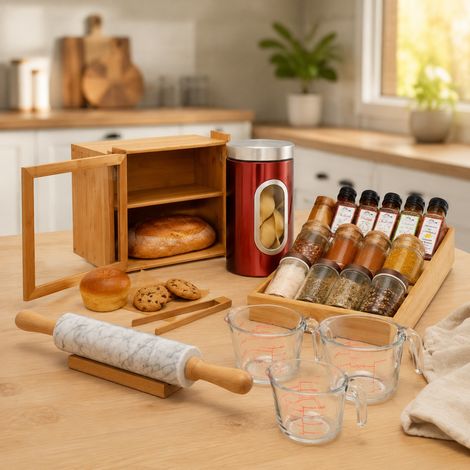 Set de cuisine pour la pâtisserie et le pain (5 pièces) – Rouleau à pâtisserie en marbre, boîte à pain en bambou et verres doseurs (1/5)