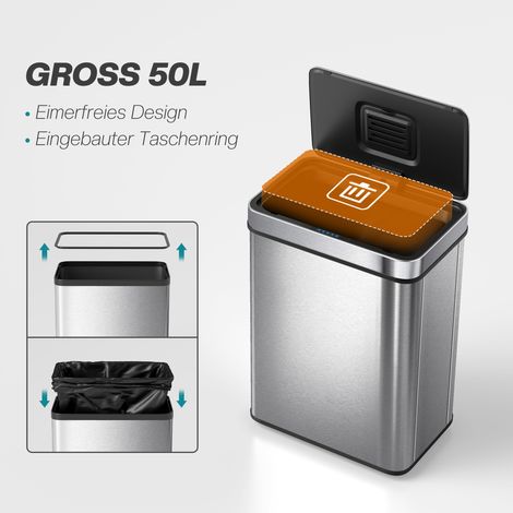 50 L Poubelle Automatique Capteur, Couvercle Moteur, Acier Inoxydable, Usage Polyvalent, Argenté (1/4)