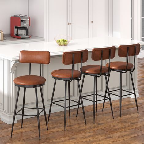 Barhocker-Set (4 Stück), Barhocker, Metallgestell, hohe komfortable Rückenlehne, Kunstleder (PU), geeignet für Restaurants, Gaststätten, Terrassen, Braun (1/5)