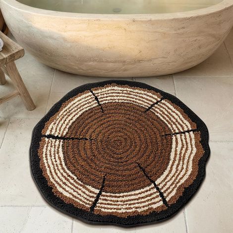 Tapis de salle de bain rond, motif de cercle des cernes d'arbre, tapis de bain marron absorbant et moelleux, tapis de salle de bain au design des cernes annuels, tapis de sol lavable en machine pour c
