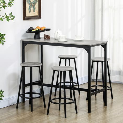 Conjunto de Mesa Alta y 4 Taburetes de Bar, Estilo Industrial, en MDF Gris (1/5)