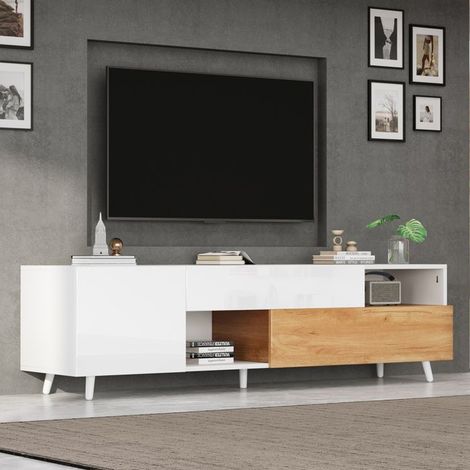 Mueble de TV blanco, lacado brillante, con 2 puertas y 1 cajón, mueble de salón, 180 x 38 x 50 cm