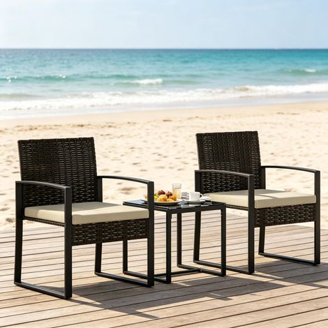 Set bistrot da giardino con 2 sedie e tavolo, cuscini in schiuma, rattan PE e acciaio, nero, marrone, kaki (1/5)