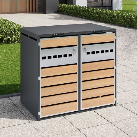 Abri cache-poubelles gris aspect bois en acier galvanisé avec 2 compartiments, couvercle relevable hydraulique et portes verrouillables (1/5)