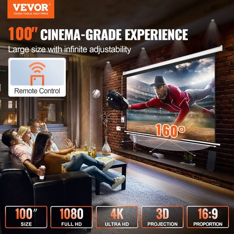 Écran de Projection Motorisé 254 cm 16:9 HD 4K 1080 Toile de Projection Anti-Plis avec Télécommande Grand Angle de Vision Montage Mural Direct pour Vidéoprojecteurs Cinéma Maison Intérieur (1/5)