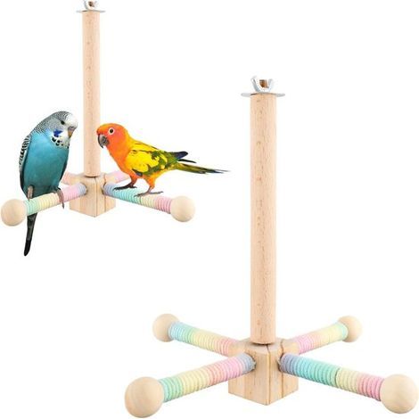 Perchoir interactif en bois BOXOB, rotation libre à 360°, accessoire pratique pour cage à perruches, perroquets et calopsittes (couleurs arc-en-ciel). (1/5)