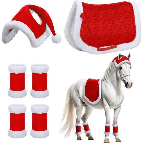 Ensemble de 6 couvre-jambes de Noël en fausse fourrure, chapeau de cheval de Noël, tapis de selle multifonctionnel Père Noël, cheval de Noël (1/5)