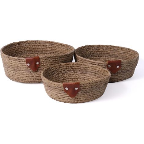 Cestino in ecorattan beige, Ø26x10 cm (kit da 3)