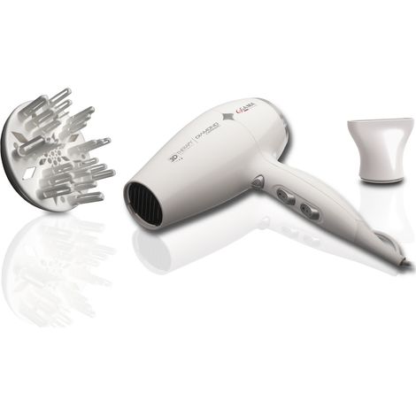 Ga.ma GH0302 Diamond Ceramic Ion Asciugacapelli 2200W tecnologia ionica ceramica 2 velocita' 3 temperature colpo aria fredda bocchetta e diffusore inclusi colore Bianco (1/4)