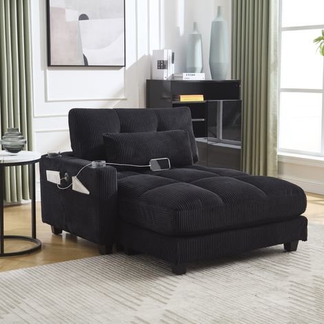 Sillón relax de pana negra, 112 x 140 x 81 cm, portavasos y USB DESVIAE (1/5)