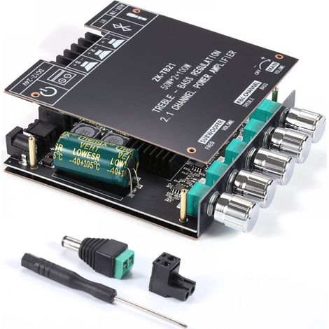 Amplificateur Audio Module TPA3116D2 - 2.1 Canaux 50W+50W+100W - Contrôle Graves/Aigus - Entrée Bluetooth 5.0 et AUX - Alimentation DC 12-24V - 1 Pièce