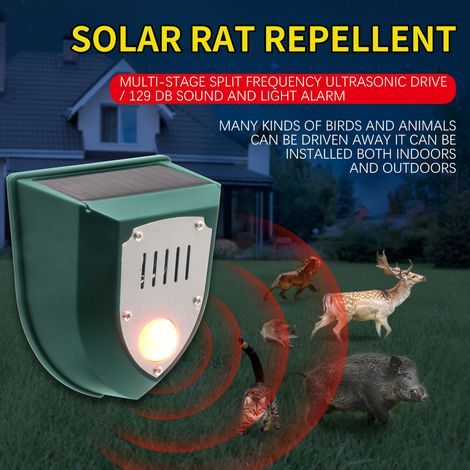 Solarbetriebenes Ultraschall-Abwehrgerät mit PIR-Bewegungsmelder, 129 dB akustischem Alarm und Blitzlicht, Schutzart IP55 (1/5)