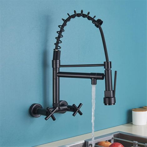 Grifo de cocina de doble manija, agua fría y caliente, grifo de cocina mural con caño giratorio doble, negro (1/5)