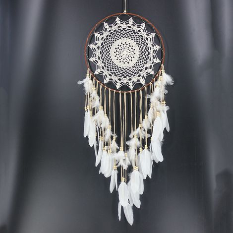 Sans lumière - Grand attrape-rêves bohème en plumes blanches, macramé, décoration murale vintage pour mariage ou maison, cercle de 40 cm, longueur de 105 cm (1/5)