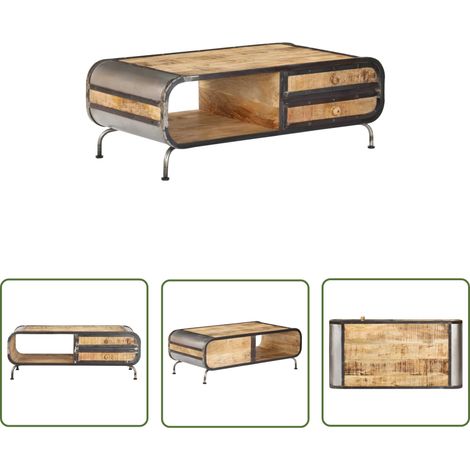 The Living Store Table basse 100x50x35 cm Bois de manguier massif - Table Basse Industrielle - Table Basse Bois Massif - Table Basse Rangement Tiroir - Meubles Salon - Décoration Intérieure (1/5)