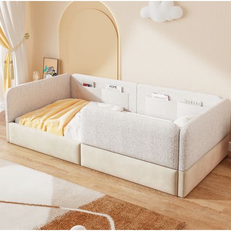 Letto imbottito moderno 90x200 cm in MDF e velluto bianco con dettagli PU, testiera e sponde protettive con tasche