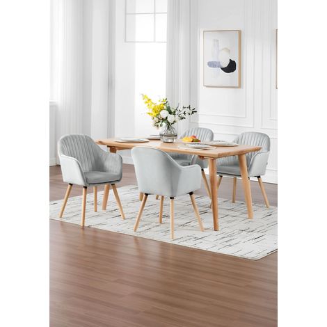 WOLTU Esszimmerstühle 4er Set, Küchenstuhl mit Rückenlehne Armlehne, Wohnzimmerstuhl, Polsterstuhl aus Samt Massivholz, für Esszimmer, Küche, Hellgrau (1/5)
