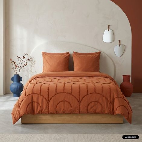 Parure de lit coton lavé tufté motifs arches rétro 2 places terracotta. 1 housse + 2 taies 63x63cm 240 x 220 cm (1/5)