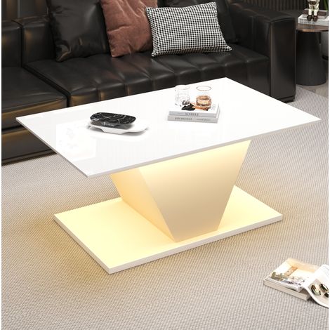 Mesa de centro (100x50x46 cm), con iluminación LED, superficie brillante, forma V, tablero de aglomerado, blanco (1/5)