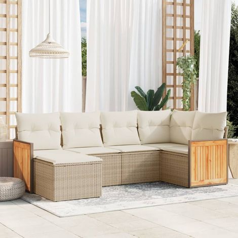 6-tlg. Garten-Sofagarnitur mit Kissen Beige Poly Rattan